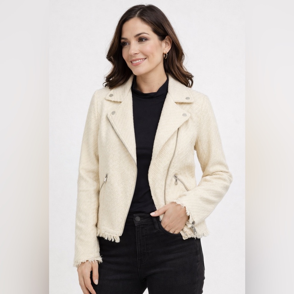 H&M Cream Tweed Moto Jacket Zip Pockets NWT